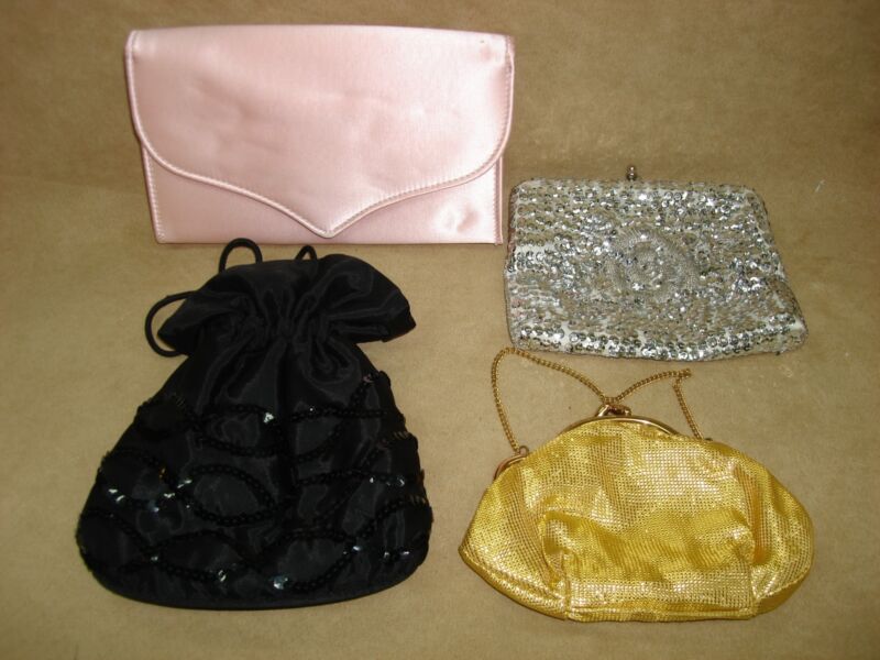 Vintage set of 4 purses and pocketbooks in satin, sequins, and more