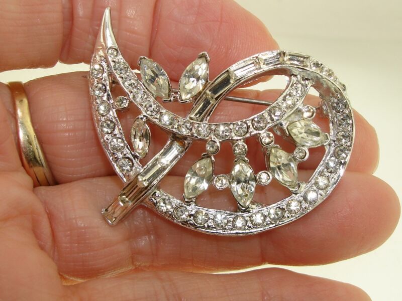 Vintage rhinestone baguette pin or brooch, silver tone with foil accents