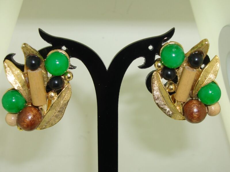 Vintage 1970s signed molded glass, wood, and bamboo clip-on earrings