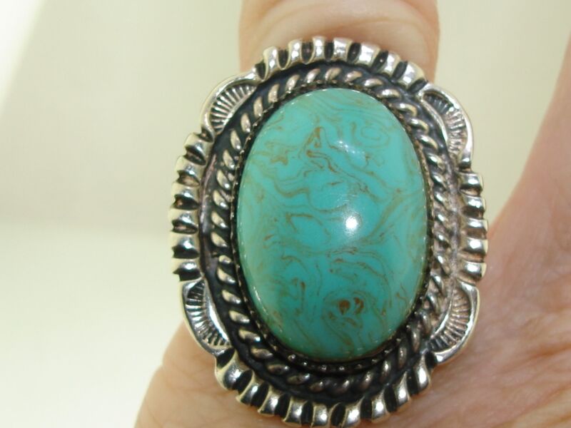 Vintage sterling silver southwestern ring with faux turquoise, size 5.5