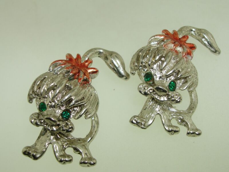 Vintage silver tone puppy dog scatter pins with red enamel bows and green rhinestone eyes