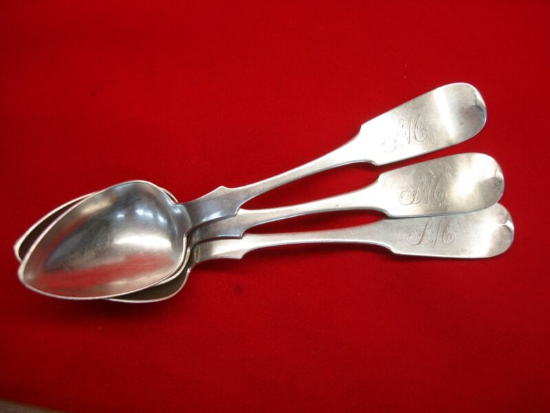 Antique coin silver teaspoons by O. Reed (3-piece set), monogrammed L.M., 1830-57