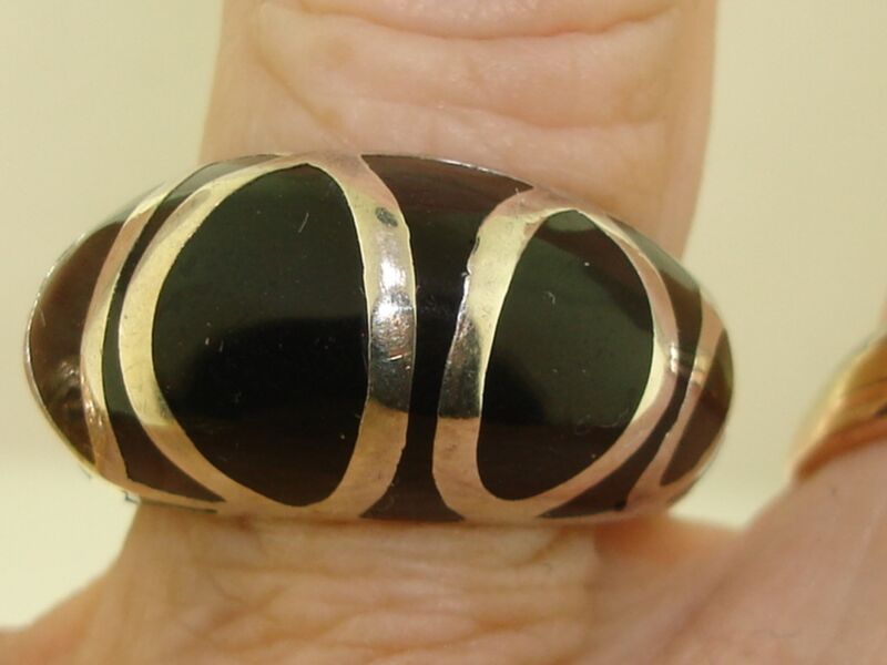 Vintage 1960s-70s Sterling Silver Dome Ring with Black Enamel and Artist Signature (Size 6)
