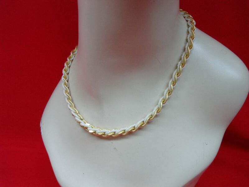 Vintage 1970s Trifari woven gold-tone and faux pearl choker necklace