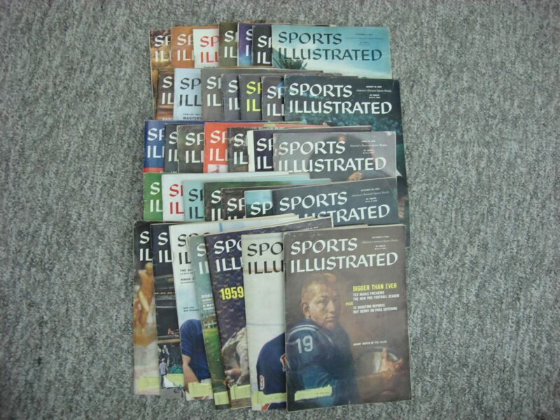 Vintage Sports Illustrated magazines from 1959 featuring Johnny Unitas, George Izo, Willie Mays, and more.