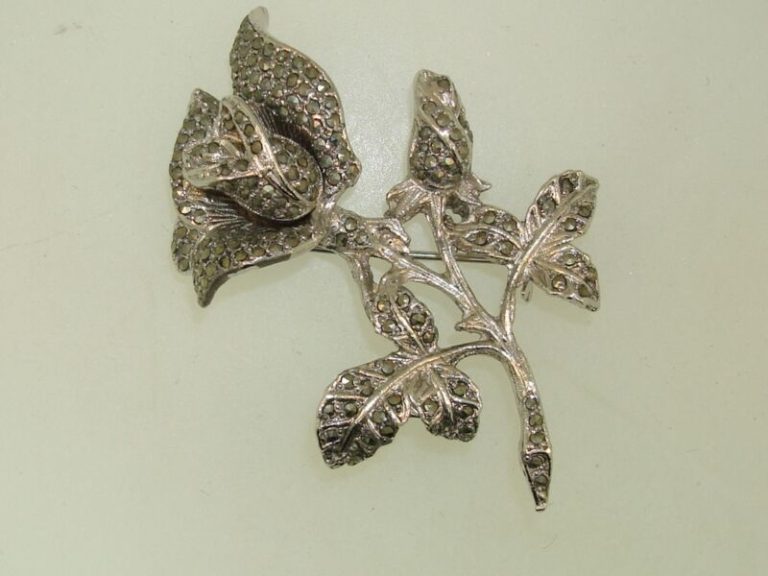 Vintage sterling silver and marcasite rose brooch pin