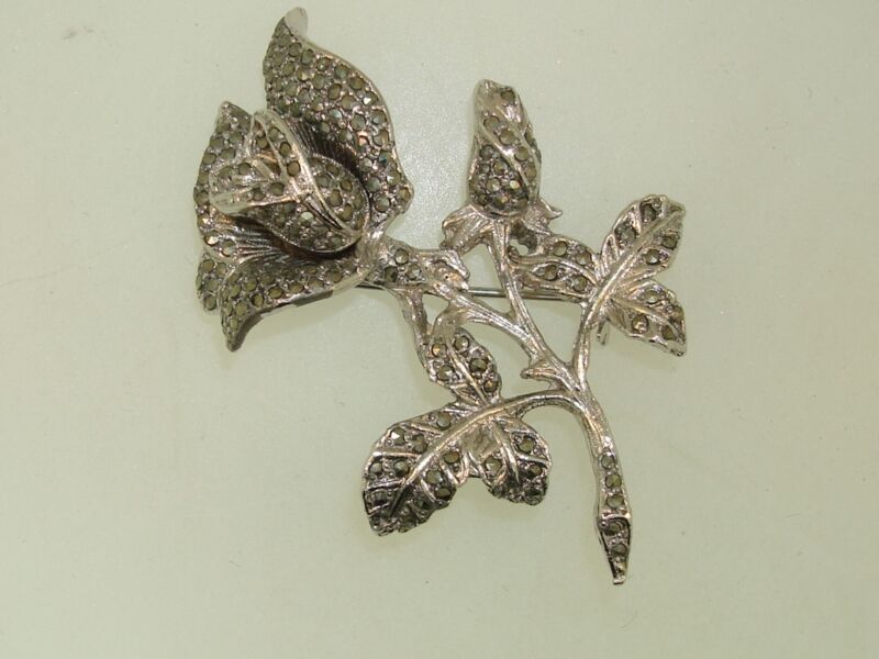 Vintage sterling silver and marcasite rose brooch pin