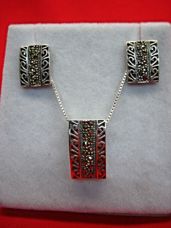 Sterling Silver Marcasite Earrings & Pendant Set – Italian Design, .925 Hallmark
