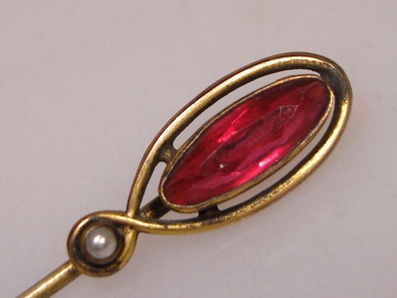 Antique Victorian gold washed stick pin with faux ruby and seed pearl