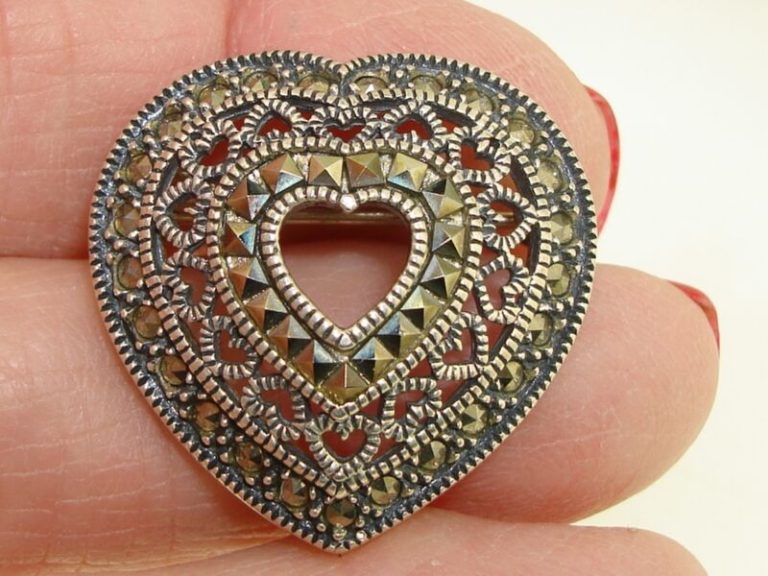 Vintage Judith Jack sterling silver and marcasite heart pin with filigree design