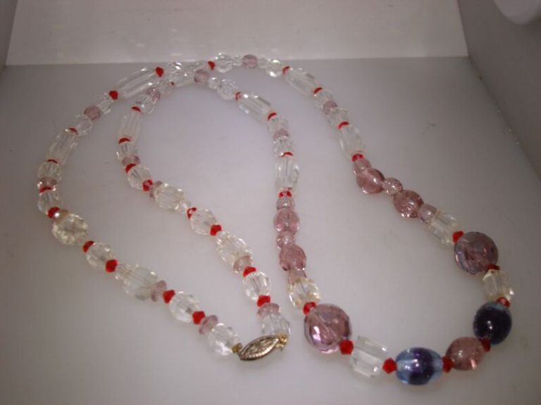 Vintage Art Deco glass bead necklace with red, purple and clear beads and filigree clasp