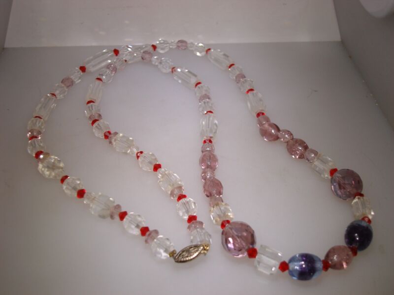 Vintage Art Deco glass bead necklace with red, purple and clear beads and filigree clasp