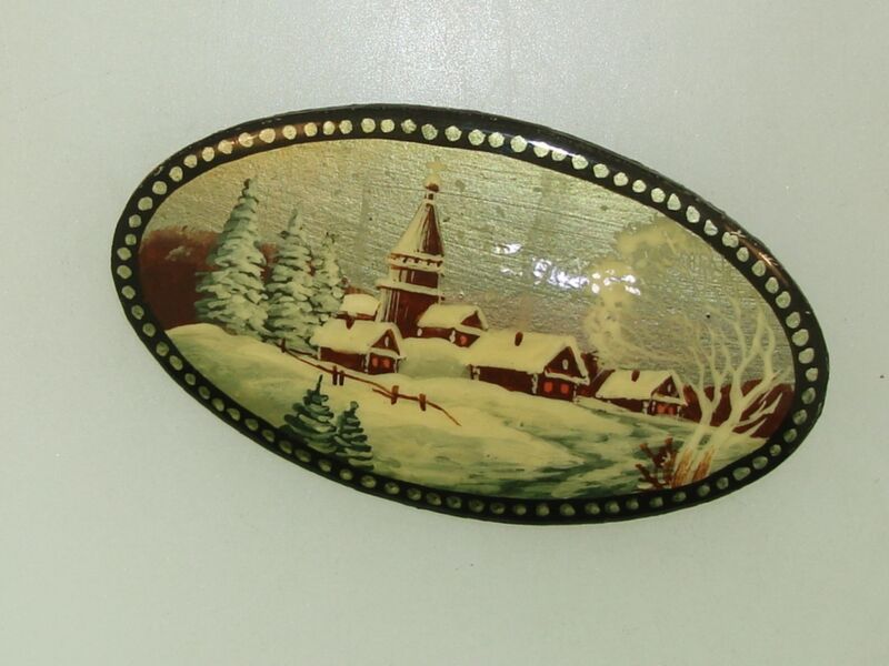 Hand-painted winter scene brooch by Gui Belov (1998), signed and made in Russia