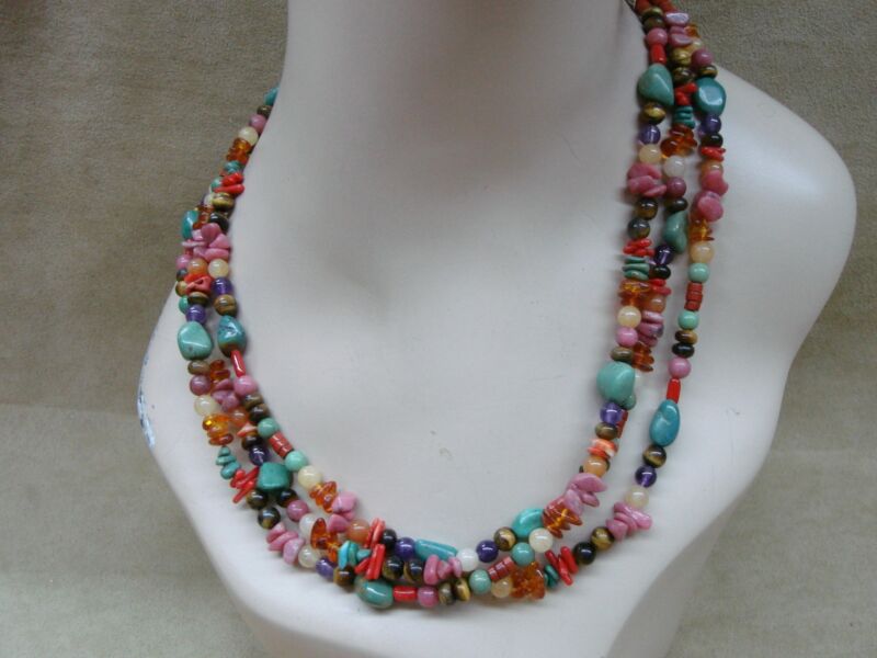 Vintage Sterling Silver Gemstone Necklace with Branch Coral, Turquoise, Amethyst & Tiger Eye