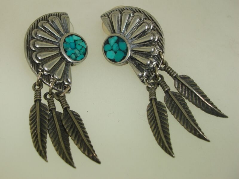 Vintage silver dangle earrings with turquoise inlay and feathers