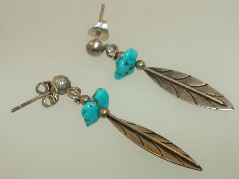 Vintage Native American sterling silver turquoise feather earrings with bench bead design