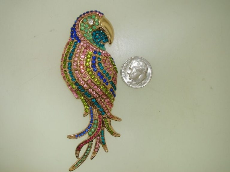 Vintage rhinestone parrot pin, gold-tone statement brooch