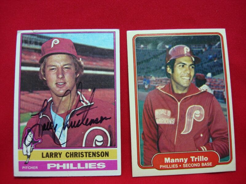 Autographed Phillies baseball cards featuring Larry Christenson and Manny Trillo