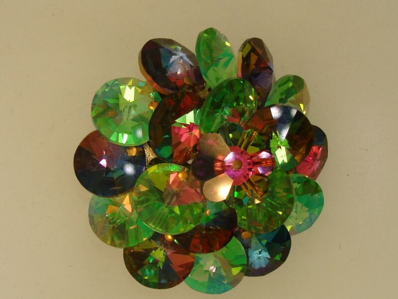 Vintage 1960s-70s AB Crystal Rivoli Cluster Pin - Purple, Green & Pink
