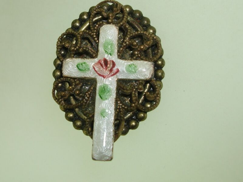 Vintage enamel cross lapel pin with pink roses and green leaves, 1960s