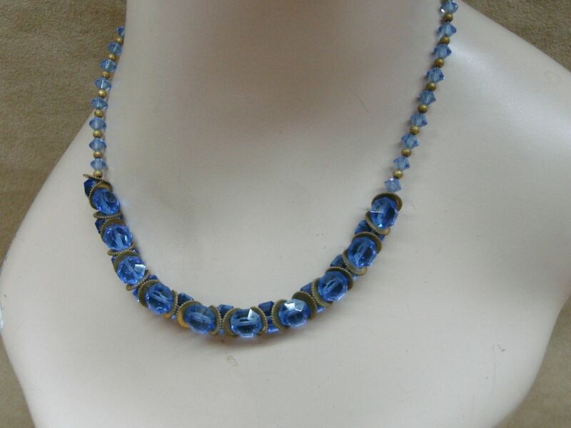 Vintage Art Deco blue glass choker necklace with Czech briolette beads and gold-washed discs
