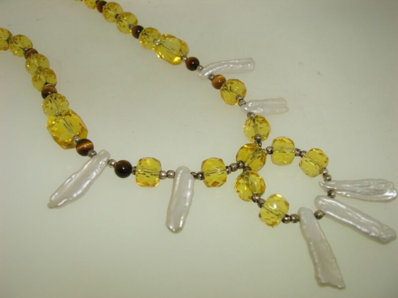 Vintage 925 Sterling Silver Choker Necklace with Yellow Glass, Tiger's Eye & Freshwater Pearls