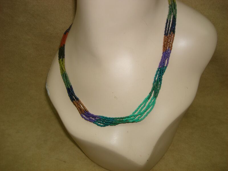 Vintage Southwestern Sterling Silver Necklace with Multi-Color Seed Beads