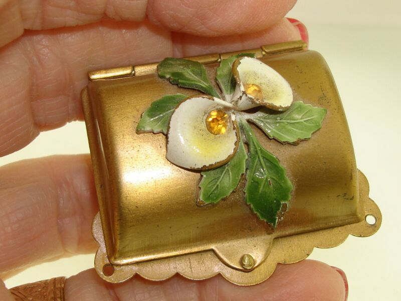 Vintage gold-washed metal trinket box with enamel flowers, 1940s-50s