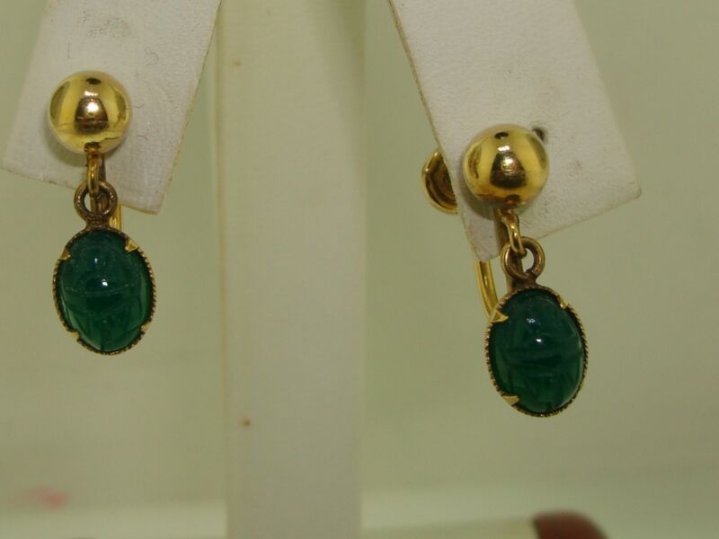 Vintage 1950s gold-filled scarab earrings signed Bal-Ron with genuine chrysoprase
