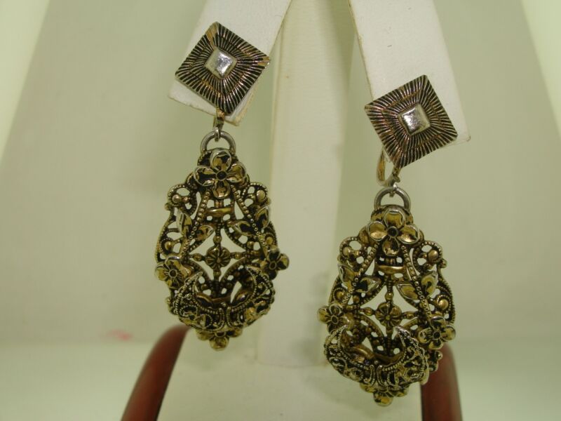 Antique gold-washed filigree dangle earrings with floral design, circa 1930s