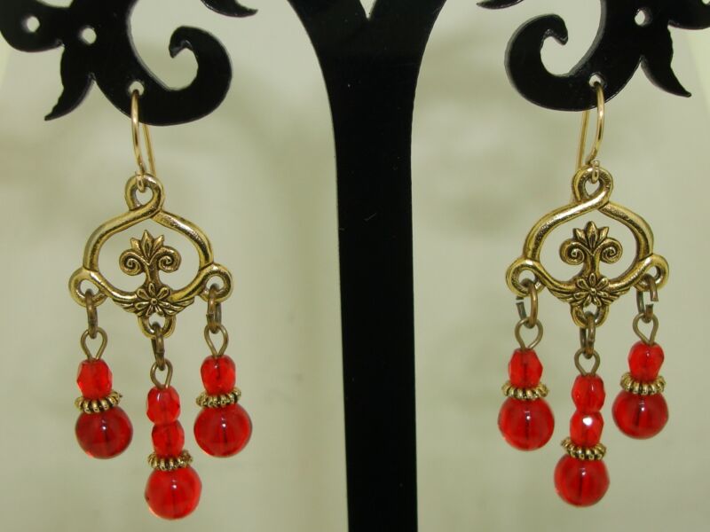 Vintage 14K gold filled red bead dangle chandelier earrings