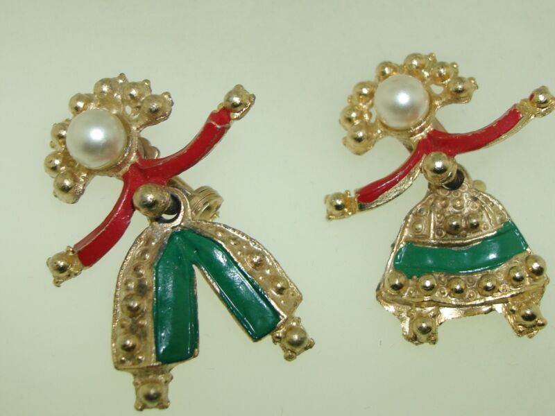 Vintage articulated dancer pins, gold tone with faux pearl heads and enamel details.