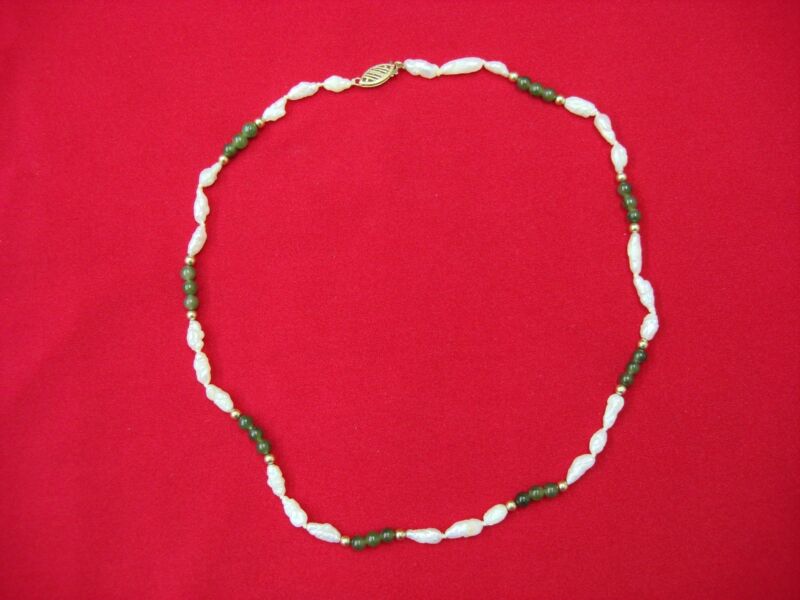 14K Gold Freshwater Pearl and Jade Ball Necklace