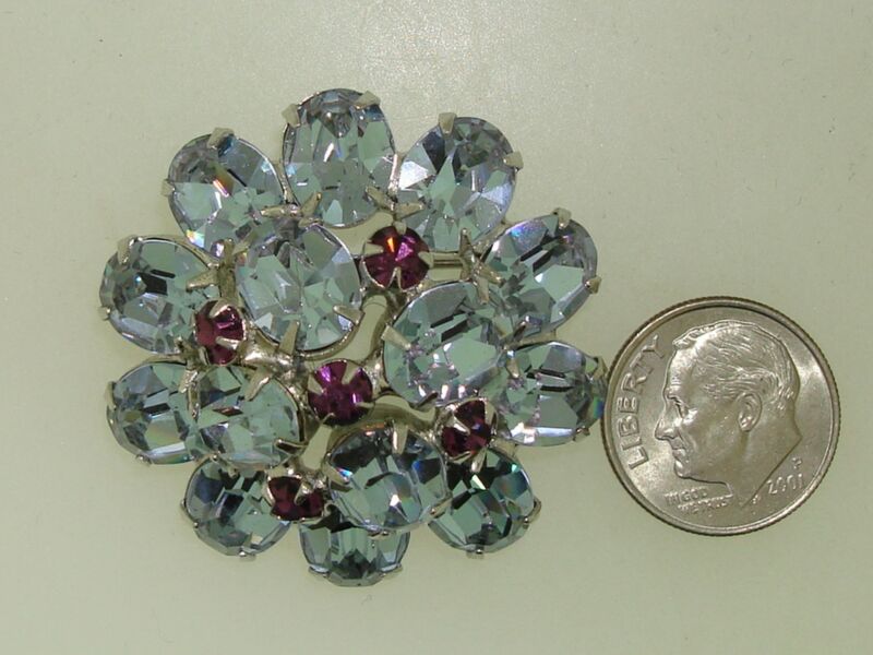 Vintage blue and purple rhinestone pin, 1960s-70s silver tone