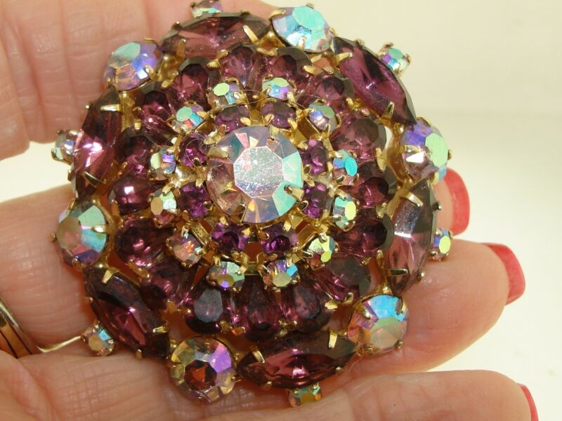 Vintage amethyst and AB rhinestone pin brooch