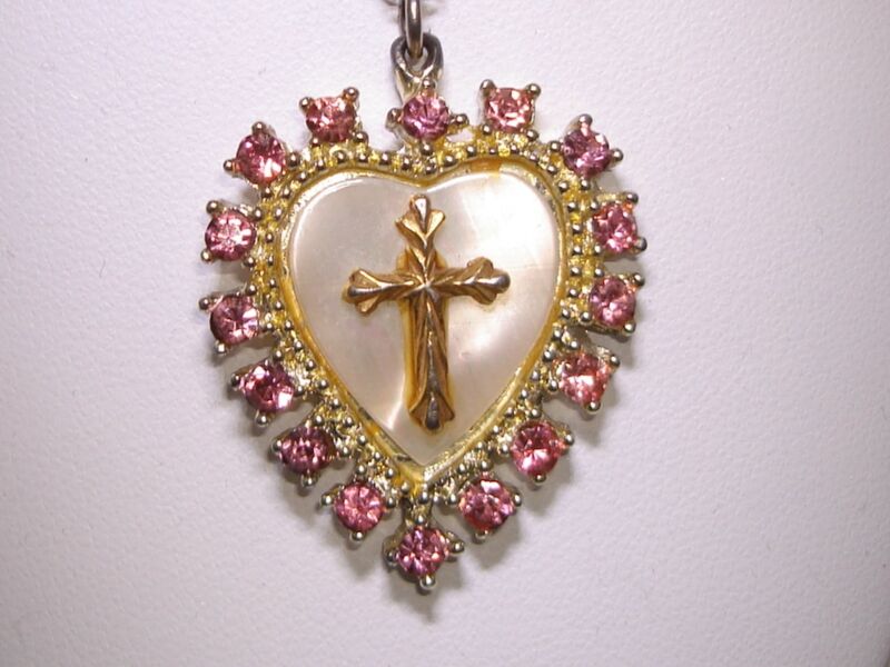 Vintage 1950s Rhinestone & MOP Heart Cross Pendant Necklace