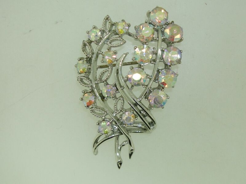 Vintage Coro Aurora Borealis Rhinestone Filigree Brooch Pin