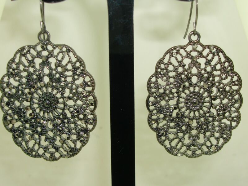 Antique silver filigree dangle earrings with marcasite