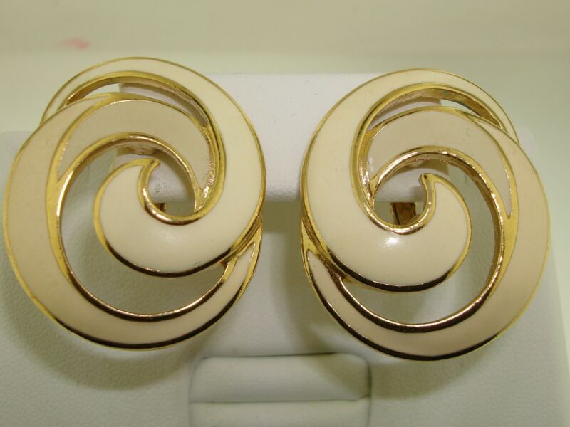 Vintage Trifari gold tone and enamel swirl clip-on earrings, mint condition