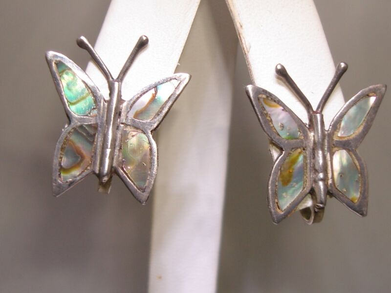 Vintage Sterling Silver Abalone Butterfly Earrings - Signed RBR
