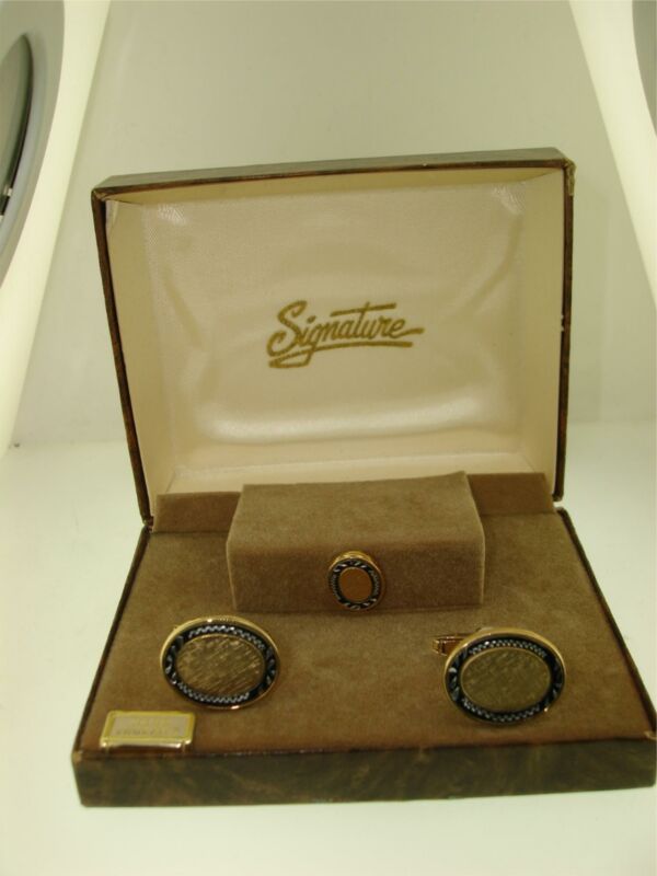 Vintage Anson Signature Hand-Engraved Gold Cufflinks & Tie Tac Set - New Old Stock