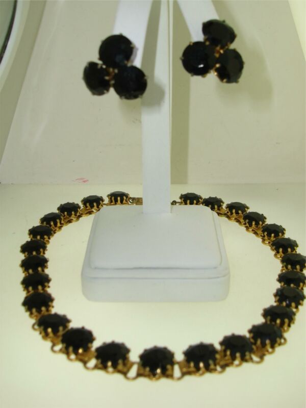 Vintage Art Deco Gold-Washed Black Glass Choker Necklace & Earrings Set