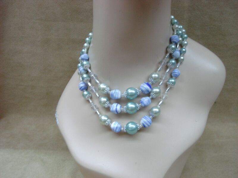 Vintage 1950s art glass necklace and earrings set in sea green, blue, and white