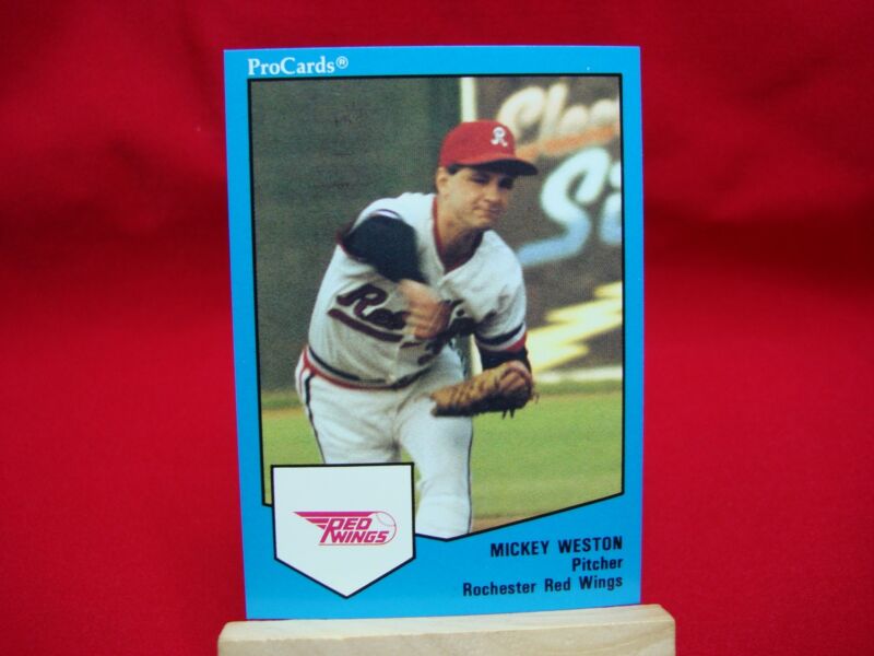 Collection of 1989 Rochester Red Wings ProCards Minor League Baseball cards, including Mickey Weston card #1638.