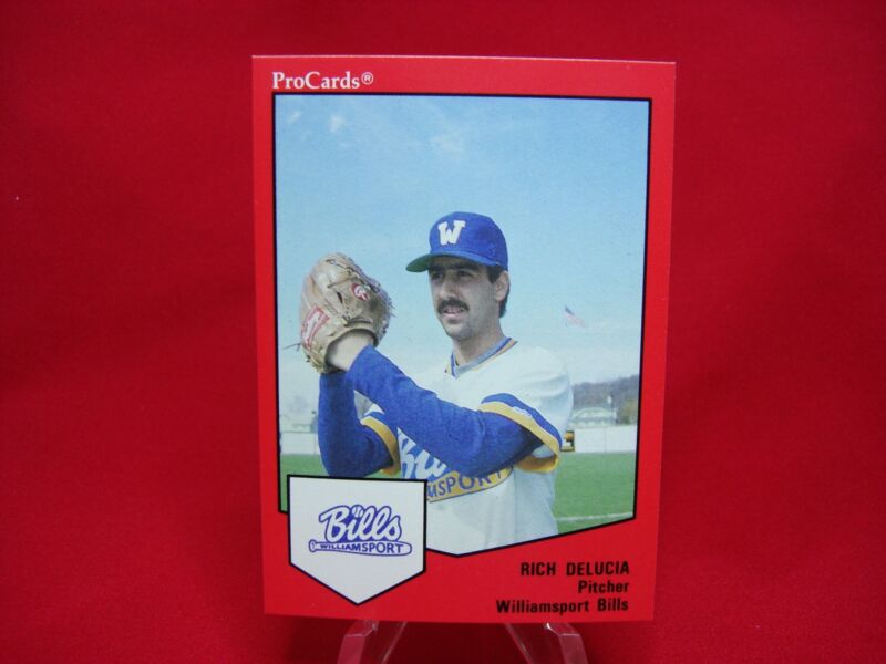 Collection of 70+ factory over-run 1989 ProCards Minor League Baseball cards featuring Rich Delucia (#649) from the Williamsport Bills.