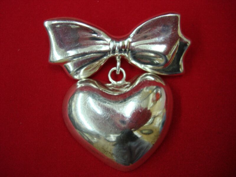 Vintage sterling silver bow dangle heart brooch pin, Mexico Dulce