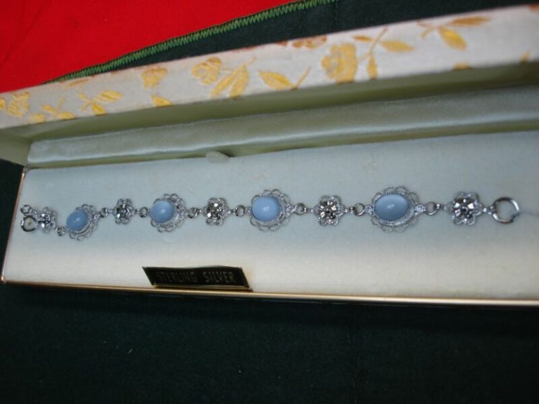 Vintage Belair sterling silver filigree bracelet with faux moonstones, new in original box
