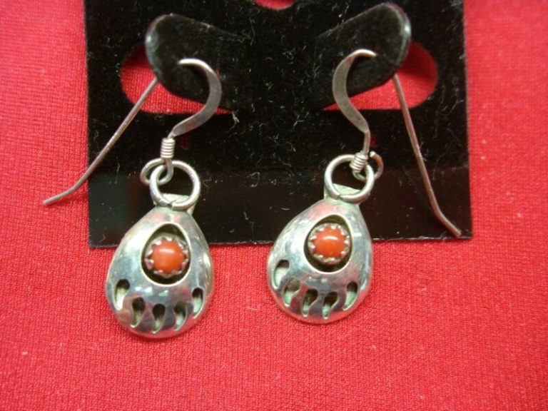 Native American sterling silver bear claw shadow box earrings with coral