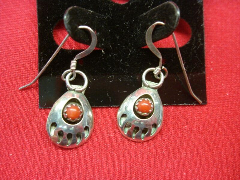 Native American sterling silver bear claw shadow box earrings with coral