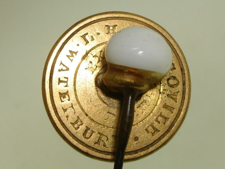 Antique 1850s L.H. & Scovill Waterbury Hat Pin –  7″ Extra Rich Gilt Button, Milk Glass